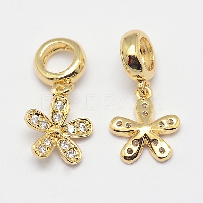 Flower Brass Micro Pave Grade AAA Cubic Zirconia European Dangle Charms ZIRC-O022-43G-NR-1
