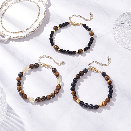3Pcs Round Natural Tiger Eye & Citrine & Synthetic Blue Goldstone & Glass Pearl Beaded Bracelets for Women BJEW-JB12239-1