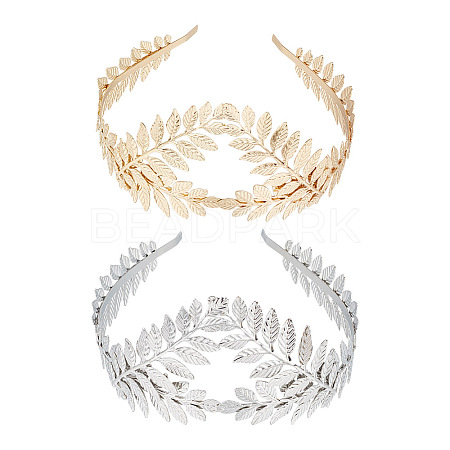 2Pcs 2 Colors Crown & Leaf Alloy Hair Bands OHAR-GO0001-11-1