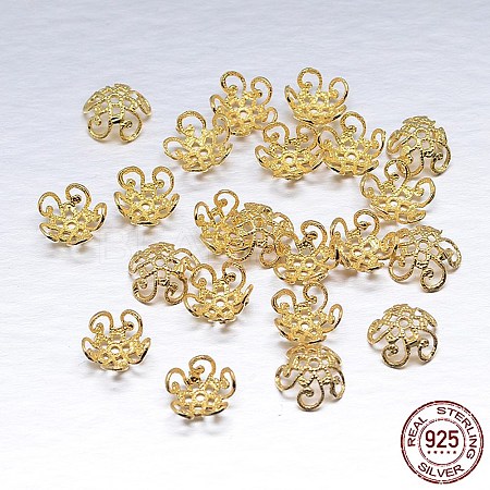 Real 18K Gold Plated 5-Petal 925 Sterling Silver Bead Caps STER-M100-01-1