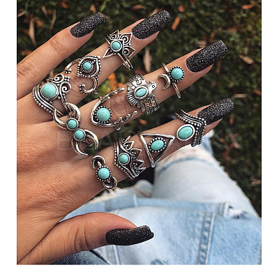 11Pcs Alloy with Synthetic Turquoise Finger Rings FS-WG21963-02-1