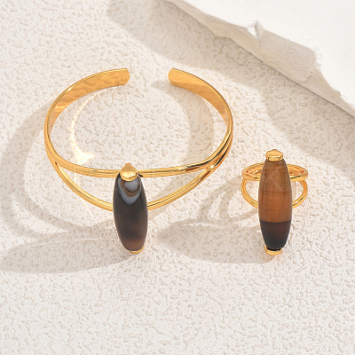 Bohemian Style Horse Eye Natural Agate & Metal Cuff Bangle & Ring Set for Women Party and Evening Wear ZI1822-1-1