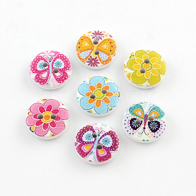 2-Hole Flower Pattern Printed Wooden Buttons BUTT-R033-021-1