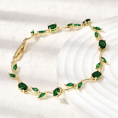 Leaf Brass Micro Pave Cubic Zirconia Link Chain Bracelets for Women BJEW-D455-01G-06-1