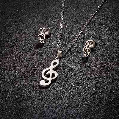 Stainless Steel Musical Note Stud Earrings & Pendant Necklaces Sets for Women PW-WG29B01-02-1