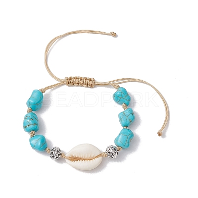 Adjustable Synthetic Turquoise Dyed Beads & Natural Cowrie Shell Beaded Braided Bead Bracelets for Women BJEW-JB11544-01-1