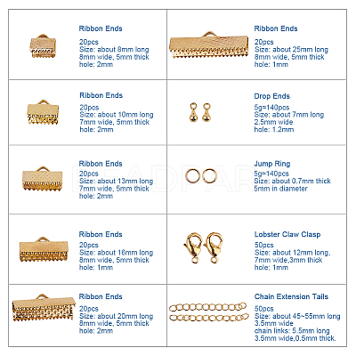 Jewelry Basics Class Kit Gold Lobster Clasp Jump Rings Alloy Drop End Pieces Ribbon Ends Twist Extender Chains Mix 10 Style Lots in In A Box FIND-PH0003-01G-1