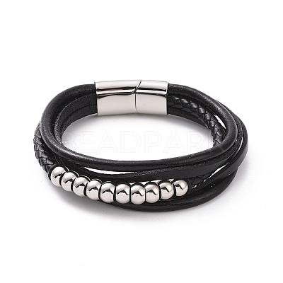 Black Leather Braided Cord Multi-strand Bracelet with 201 Stainless Steel Magnetic Clasps BJEW-P275-08P-1