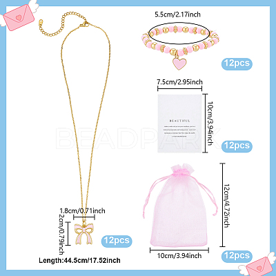 12Pcs Alloy Enamel Bowknot Pendant Necklaces & CCB Plastic Beads with Heart Charms Bracelets SJEW-ME00004-1
