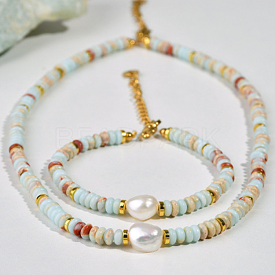 Natural Shoushan Stone & Freshwater Pearl & Brass Rondelle Beaded Necklaces & Beaded Bracelets Sets WG98AF4-01-1
