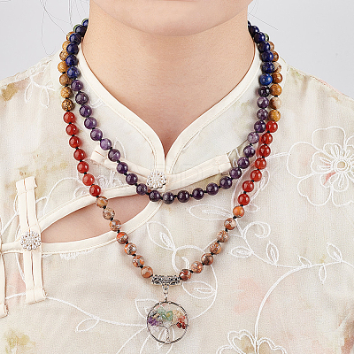 Natural Mixed Stone Tree of Life Pendant Necklace with Round Beaded Chains NJEW-AB00015-01-1