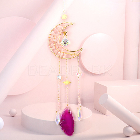 Wire Wrapped Natural Rose Quartz Moon with Tree of Life Pendant Decorations HJEW-K046-07G-05-1