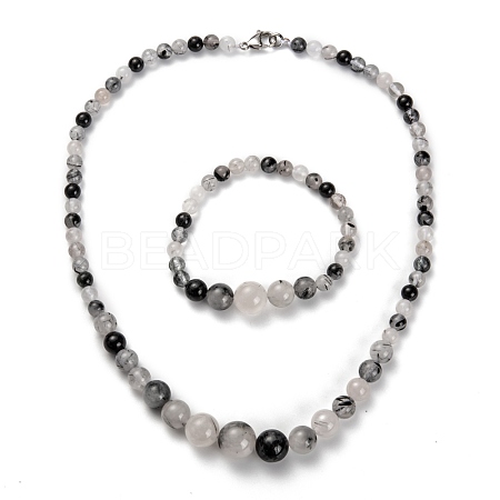 Natural Tourmalinated Quartz Graduated Beaded Necklaces & Stretch Bracelets Jewelry Sets SJEW-H304-01D-1
