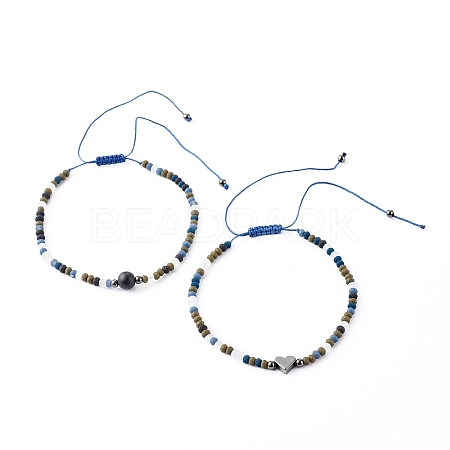 Natural Black Agate Beads Adjustable Nylon Thread Braided Bead Bracelets Sets BJEW-JB06453-1