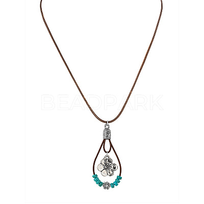 Bohemian Alloy Resin Floral Teardrop Pendant Waxed Leather Cord Necklaces for Women WG78C8D-01-1