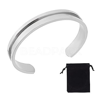 1Pc C-Shaped 201 Stainless Steel Grooved Cuff Bangles STAS-UN0052-35-1