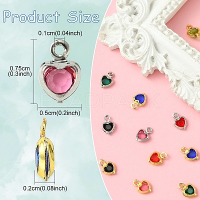 24Pcs 12 Colors Heart Rack Plating Brass Glass Charms KK-FS0001-39-1