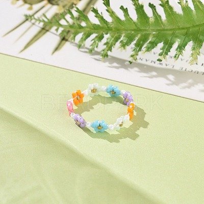 Glass Beaded Flower Wrap Stretch Finger Ring for Women RJEW-MZ00002-02-1