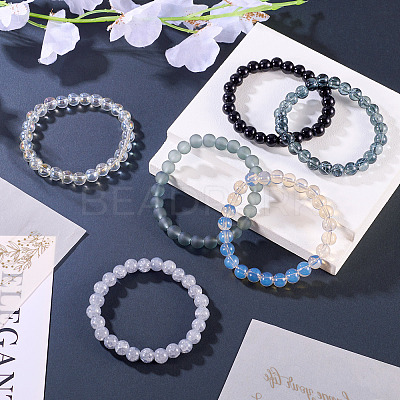 6Pcs 6 Styles 8mm Glass Round Beaded Stretch Bracelet Sets BJEW-TAC0024-1