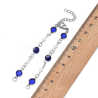 Handmade Lampwork Blue Evil Eye and 304 Stainless Steel Glass Flat Round Link Chain Bracelet Making AJEW-JB01644-1