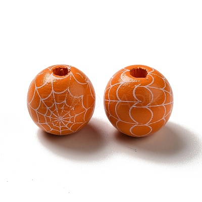 Halloween Printed Spider Webs Colored Wood European Beads WOOD-K007-04H-1