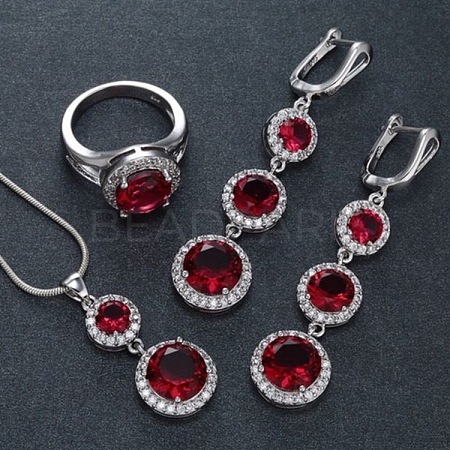 Flat Round Alloy Cubic Zirconia Pendant Necklaces & Hoop Earrings & Rings Sets FS-WG75211-04-1