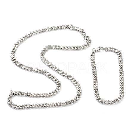 304 Stainless Steel Cuban Link Chain Bracelets & Necklaces Jewelry Sets SJEW-B019-03A-P-1