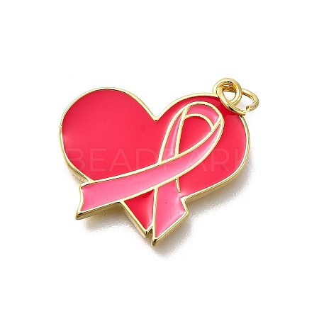 October Breast Cancer Pink Awareness Ribbon Brass Enamel Pendants KK-S517-04C-G-1