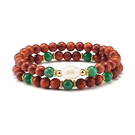 Natural Rosewood Round Beads Bracelets Set BJEW-JB07275-1