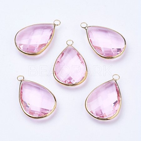 Golden Tone Brass Glass Teardrop Pendants X-GLAA-M006-A-15G-1