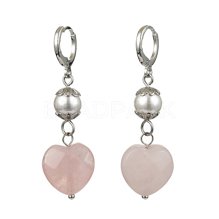 Natural Rose Quartz Heart with Shell Pearl Dangle Leverback Earrings EJEW-TA00331-1