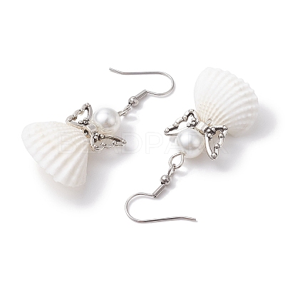 Angel Spiral Shell & Glass Pearl Dangle Earrings EJEW-JE05838-1