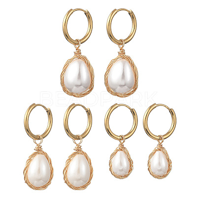 Electroplate Shell Pearl Hoop Dangle Earrings for Women EJEW-JE07266-1