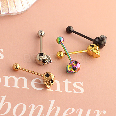 Skull 304 Stainless Steel Straight Barbell 15 Gauge Piercing Tongue Rings for Women Men FS-WG07D05-03-1