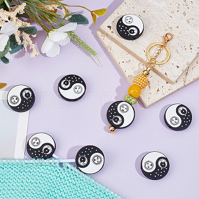 8Pcs Round with Sun and Moon Food Grade Eco-Friendly Silicone Focal Beads SIL-NB0001-46-1
