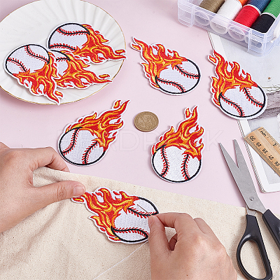 8Pcs Baseball with Fire Polyester Computerized Embroidery Cloth Iron on/Sew on Patches PATC-HY0002-01-1