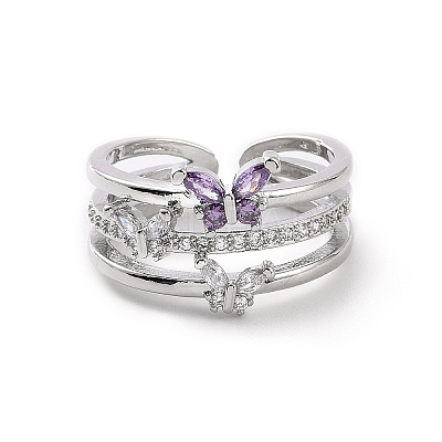 Violet Cubic Zirconia Butterfly Open Cuff Ring RJEW-C061-01P-1