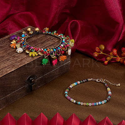 2Pcs 2 Styles Bohemian Gemstone Disc Heishi Beaded Anklets and Dyed Synthetic Turquoise Elephant Tassel Anklets for Women AJEW-PH0007-45B-1
