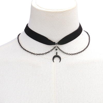 Moon Zinc Alloy Tassel Layered Black Velvet Cord Choker Necklaces FS-WG2E652-04-1