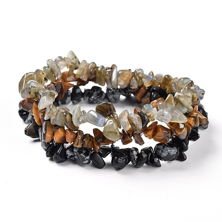 Chips Natural Labradorite & Snowflake Obsidian & Tiger Eye Beaded Stretch Bracelets Sets X-BJEW-JB05332-05-1