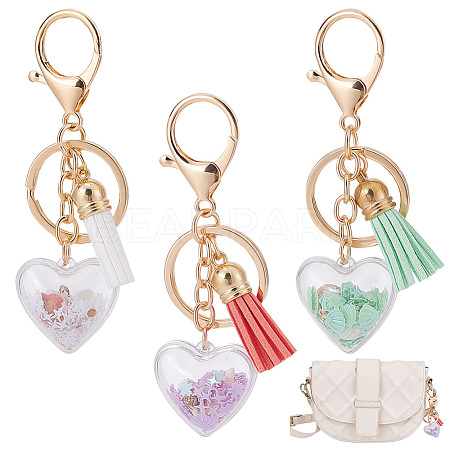 3Pcs 3 Colors Shell Starfish in Heart & Tassel Charm Acrylic Keychain HJEW-GO0001-01-1