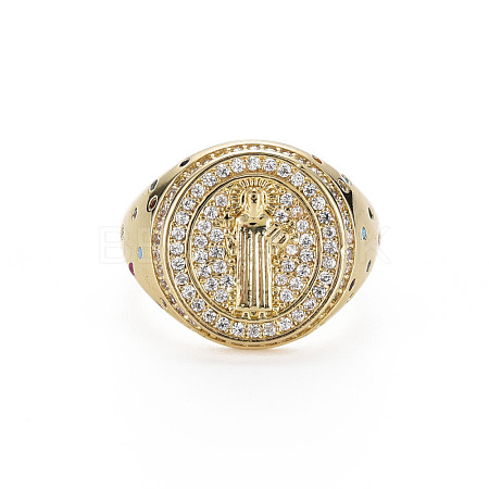 Colorful Cubic Zirconia Flat Round with Jesus Wide Band Cuff Ring RJEW-N035-079-NF-1