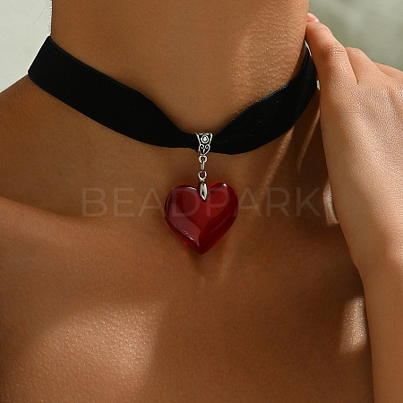 Gothic Heart Alloy Pave Glass Pendant Black Velvet Cord Choker Necklaces for Women FS-WG59BE3-01-1