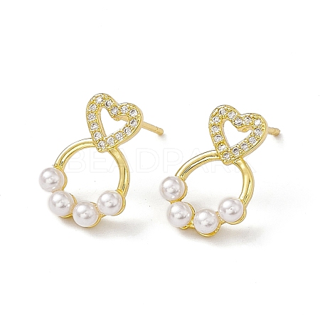 Clear Cubic Zirconia Hollow Out Heart with Bear Claw Print Stud Earrings with Plastic Pearl Beaded EJEW-I277-18G-1