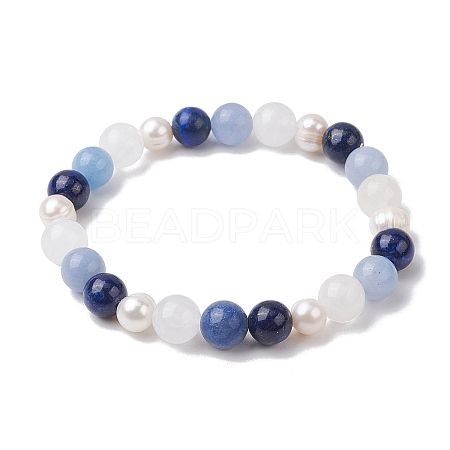 Natural White Jade & Lapis Lazuli & Pearl Round Beaded Stretch Bracelets for Women BJEW-JB11041-02-1