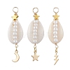 3Pcs 3 Styles Natural Cowrie Shell  Copper Wire Wrapped Glass Pearl Pendants PALLOY-JF03503-1