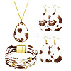 Cow Print Imitation Leather Teardrop Pendant Necklace & Dangle Earrings & Multi-Strand Bracelet JX529J-1