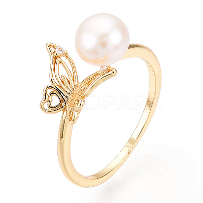 Natural Pearl Open Cuff  Ring Micro Pave Clear Cubic Zirconia PEAR-N022-C06-1