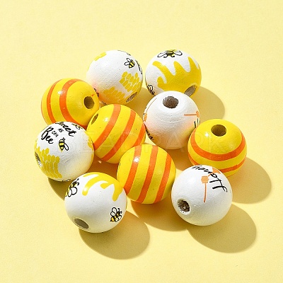 10Pcs 4 Styles Printed Natural Wood European Beads WOOD-FS0001-16-1