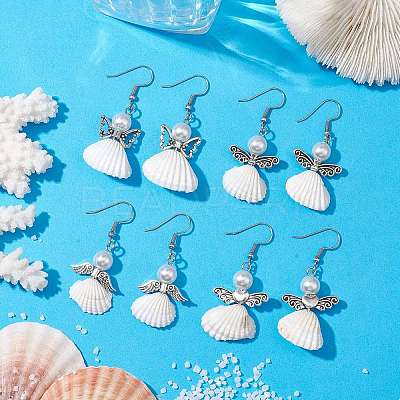 Angel Spiral Shell & Glass Pearl Dangle Earrings EJEW-JE05838-1